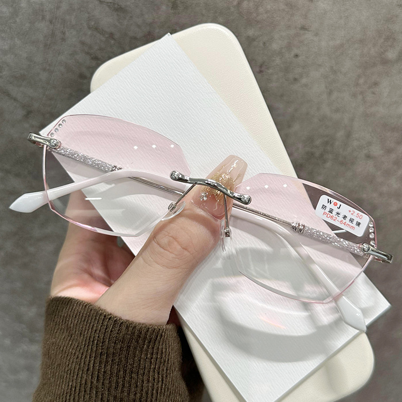 新款防蓝光钻石切边无框多边形老花镜老年时尚款点钻高档老花眼镜详情图5