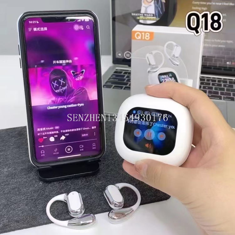 The SENZHEN Q18 Bluetooth headset features a touch screen Specification image