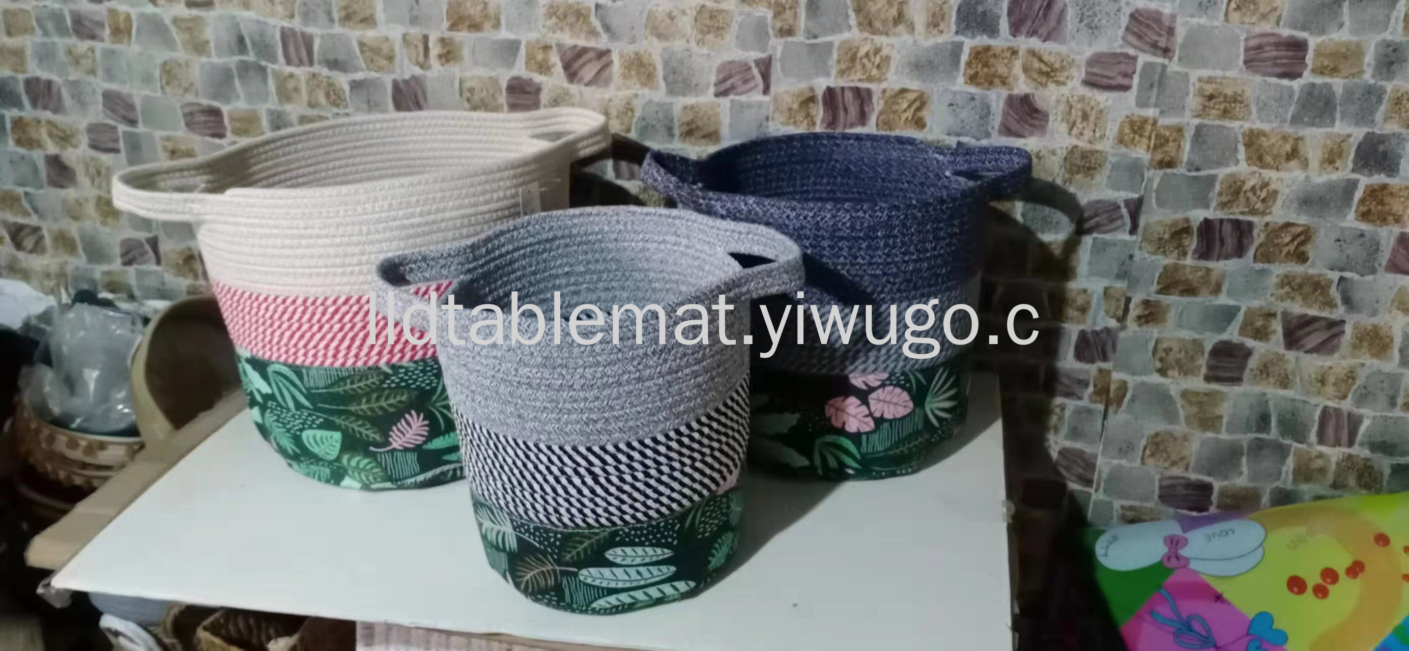 Pastoral style canvas printed dirty clothes basket, woven rope dirty clothes basket, spliced cotton and linen storage bucket, portable laundry basket pic 8