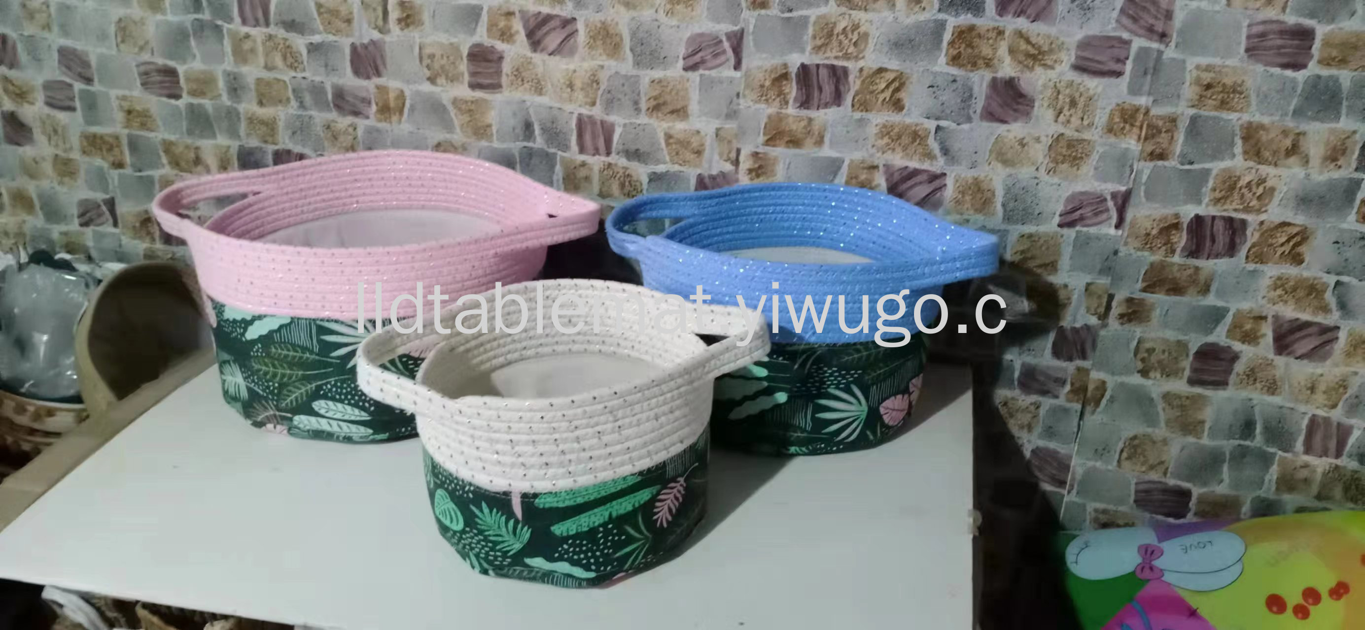 Pastoral style canvas printed dirty clothes basket, woven rope dirty clothes basket, spliced cotton and linen storage bucket, portable laundry basket pic 5