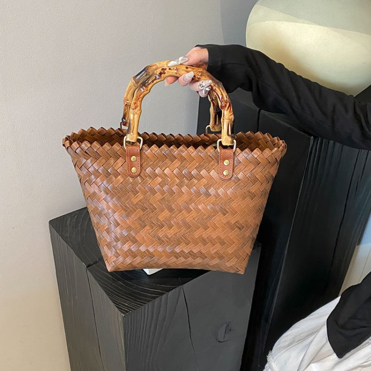 New rattan handbag, straw bag, bamboo joint handle bag, women's retro pure handcrafted bamboo tote bag as souvenirs Specification image