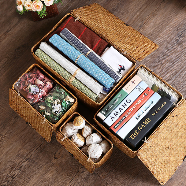 Woven rectangular storage boxes, seaweed, rattan and bamboo woven storage baskets, desktop snack storage baskets
