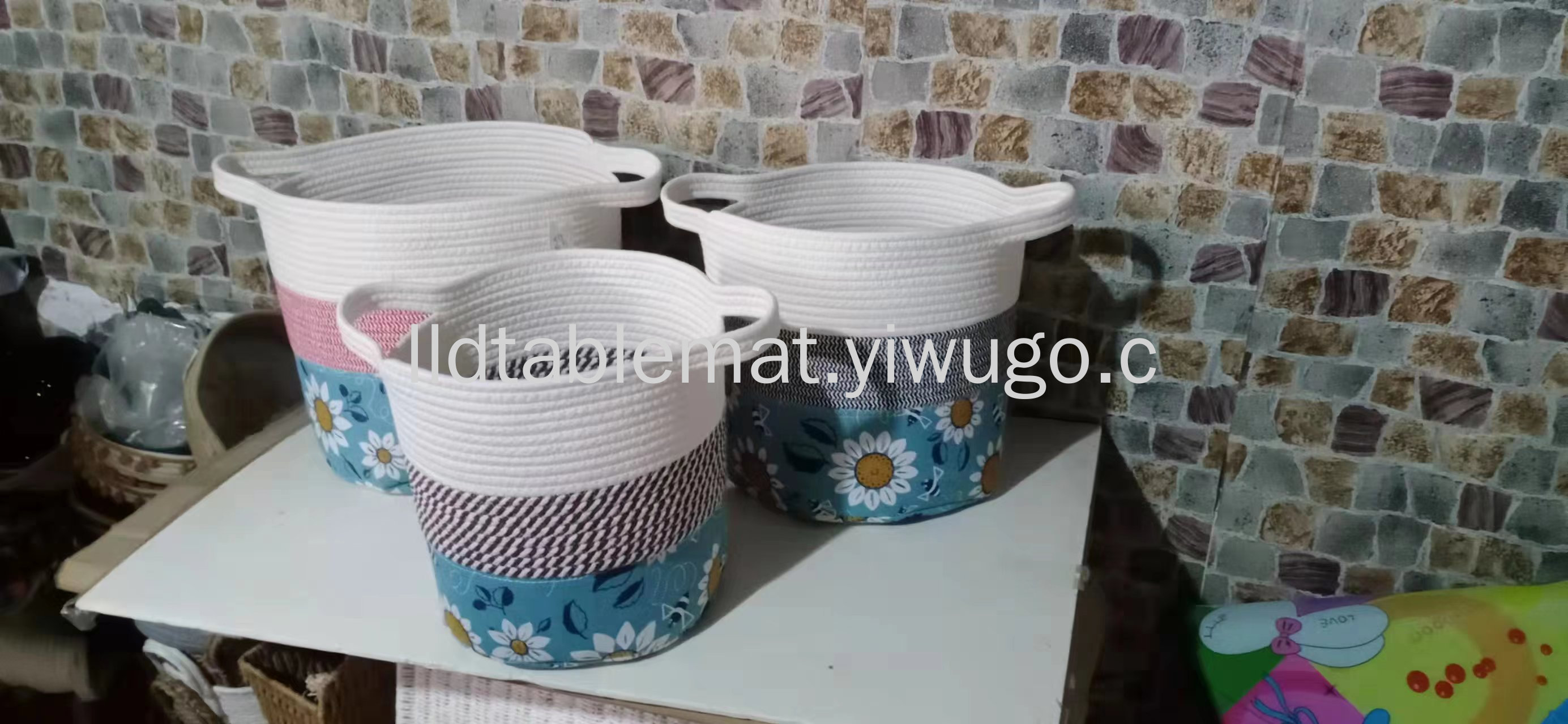 Pastoral style canvas printed dirty clothes basket, woven rope dirty clothes basket, spliced cotton and linen storage bucket, portable laundry basket pic 7