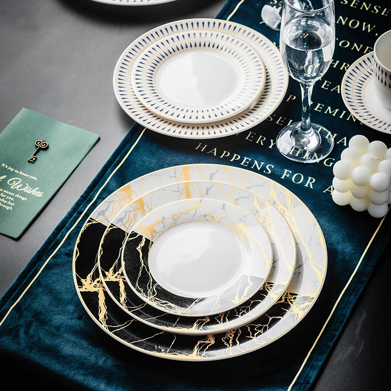 欧式西餐盘金边英式陶瓷餐盘蛋糕点心盘宴会摆盘干果盘大理石纹盘