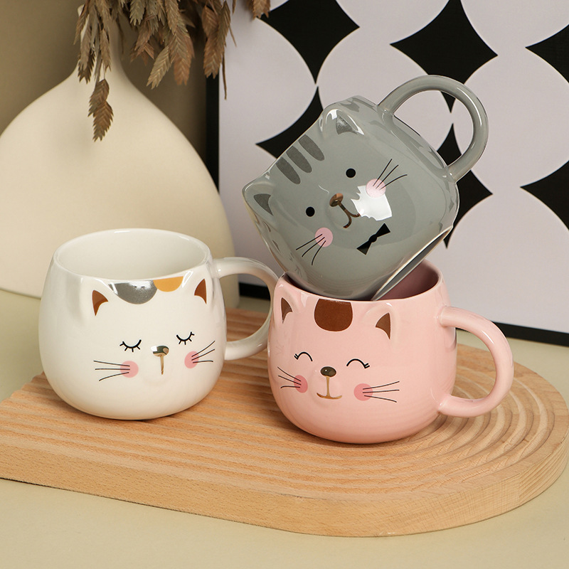 可爱猫咪杯卡通猫杯陶瓷杯时尚彩色咖啡杯情侣马克杯办公室礼品杯
