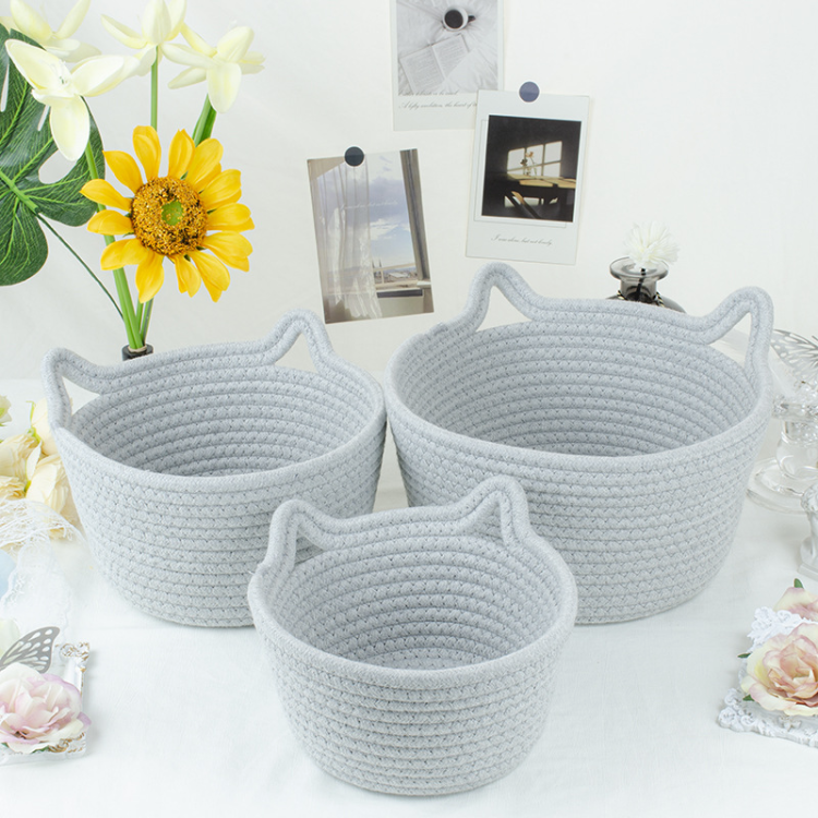 Cat ears desktop storage basket, hand-woven cartoon storage basket, living room key, cotton rope storage basket, storage basket Item Picture