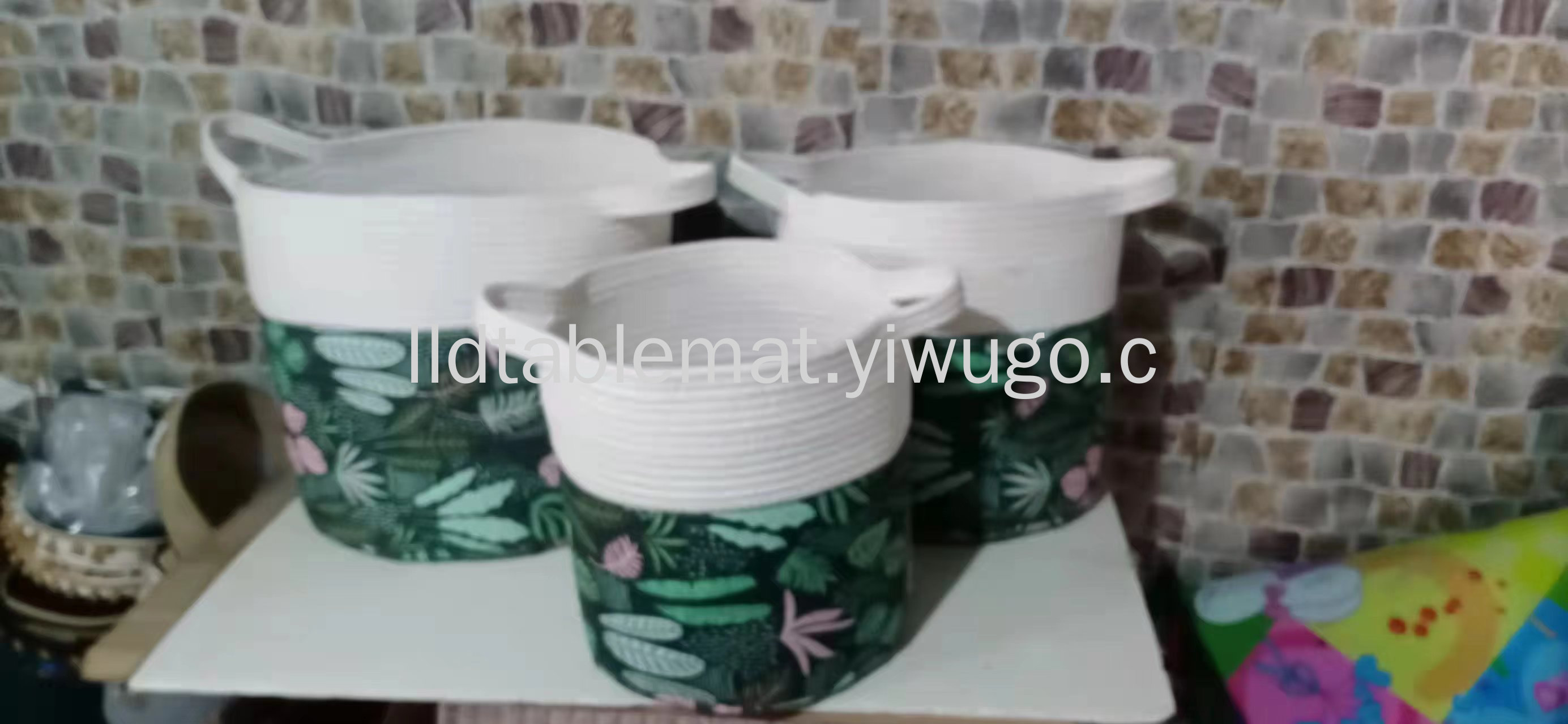 Pastoral style canvas printed dirty clothes basket, woven rope dirty clothes basket, spliced cotton and linen storage bucket, portable laundry basket pic 4