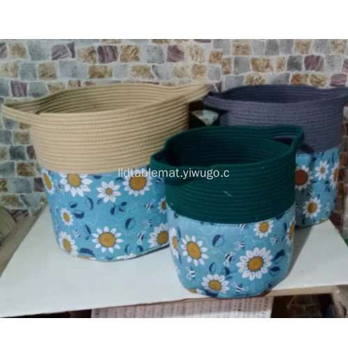 Pastoral style canvas printed dirty clothes basket, woven rope dirty clothes basket, spliced cotton and linen storage bucket, portable laundry basket