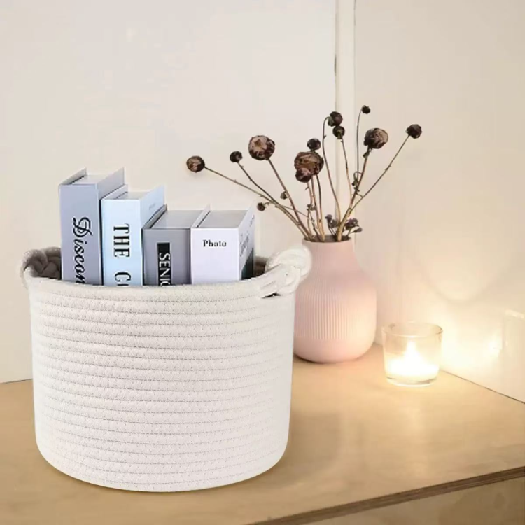 Baby diaper storage basket, cross-border round cotton rope handle storage basket, rope storage basket