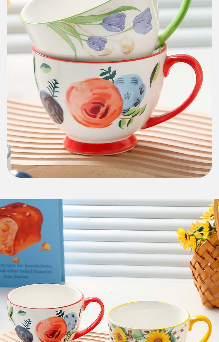 创意田园手绘陶瓷杯家用大容量马克杯彩色手把杯早餐杯礼盒装logo详情5