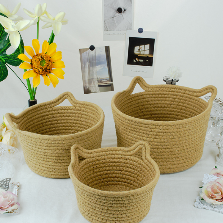 Cat ears desktop storage basket, hand-woven cartoon storage basket, living room key, cotton rope storage basket, storage basket