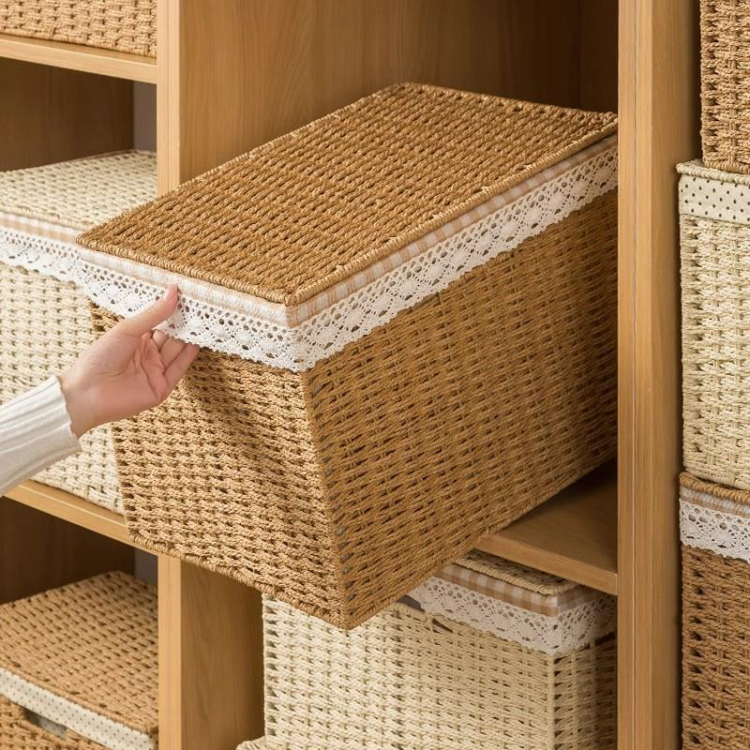 Household storage box, wardrobe, clothing and sundries organization storage box, rattan woven Japanese-style woven storage basket with lid details Picture