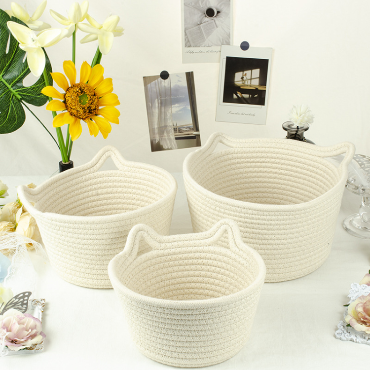Cat ears desktop storage basket, hand-woven cartoon storage basket, living room key, cotton rope storage basket, storage basket details Picture