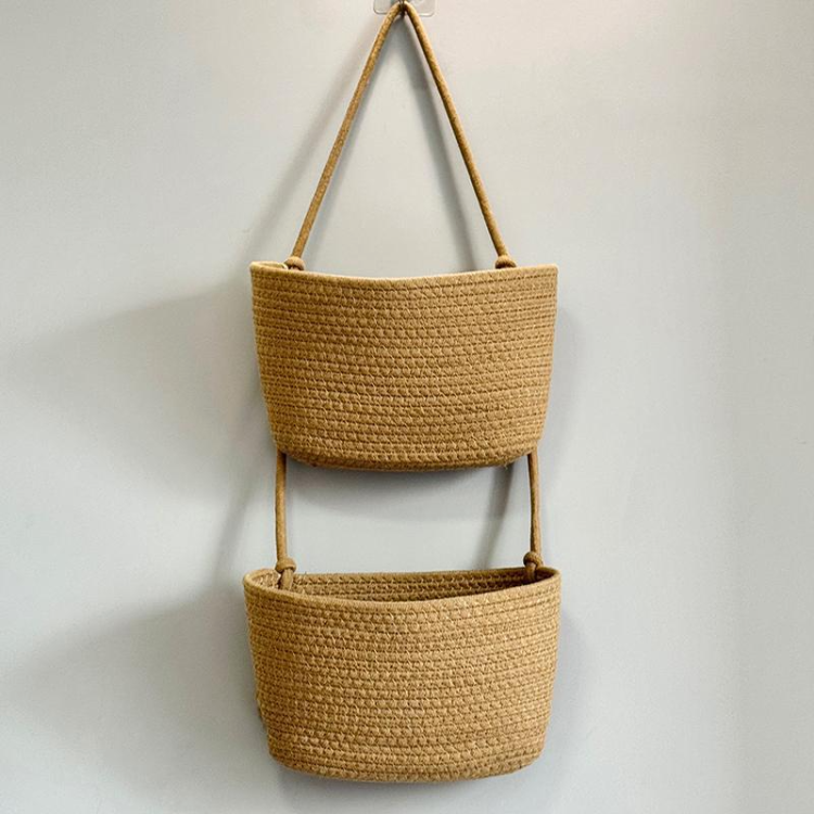 Household wall-mounted storage baskets for organizing sundries, three-layer hanging baskets, wall-mounted woven baskets, environmentally friendly, handcrafted organization Specification image