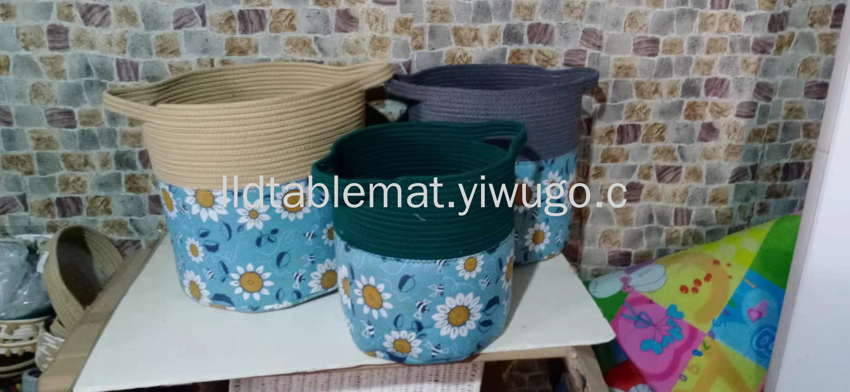 Pastoral style canvas printed dirty clothes basket, woven rope dirty clothes basket, spliced cotton and linen storage bucket, portable laundry basket pic 2