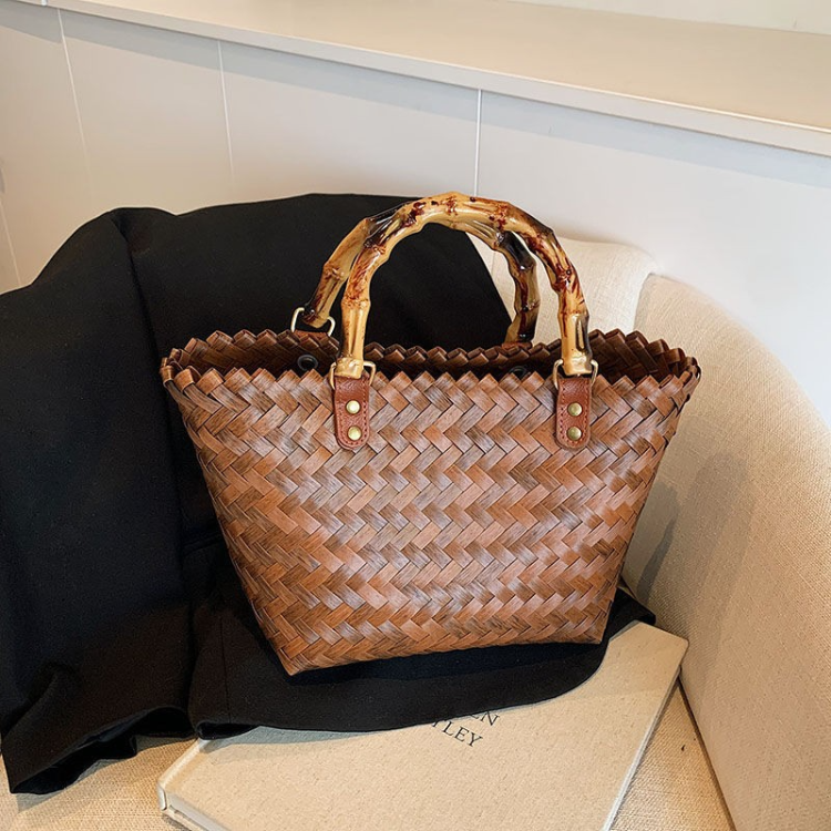 New rattan handbag, straw bag, bamboo joint handle bag, women's retro pure handcrafted bamboo tote bag as souvenirs details Picture