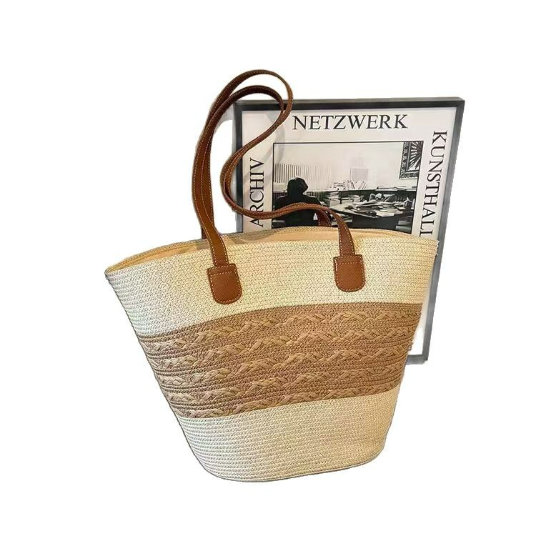 New single-shoulder casual straw woven bag, versatile woven bag, large-capacity tote bag, vacation beach bag, vegetable basket and women's bag Specification image