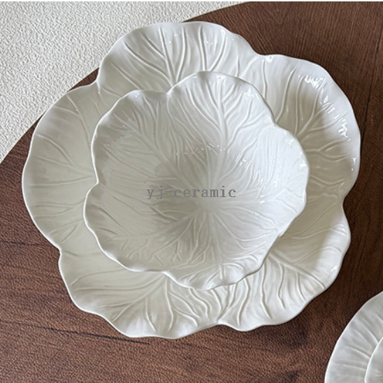 YJ白瓷浮雕盘白菜浮雕碗ins个性陶瓷盘