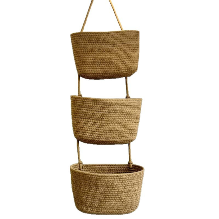 Household wall-mounted storage baskets for organizing sundries, three-layer hanging baskets, wall-mounted woven baskets, environmentally friendly, handcrafted organization Application Scenario