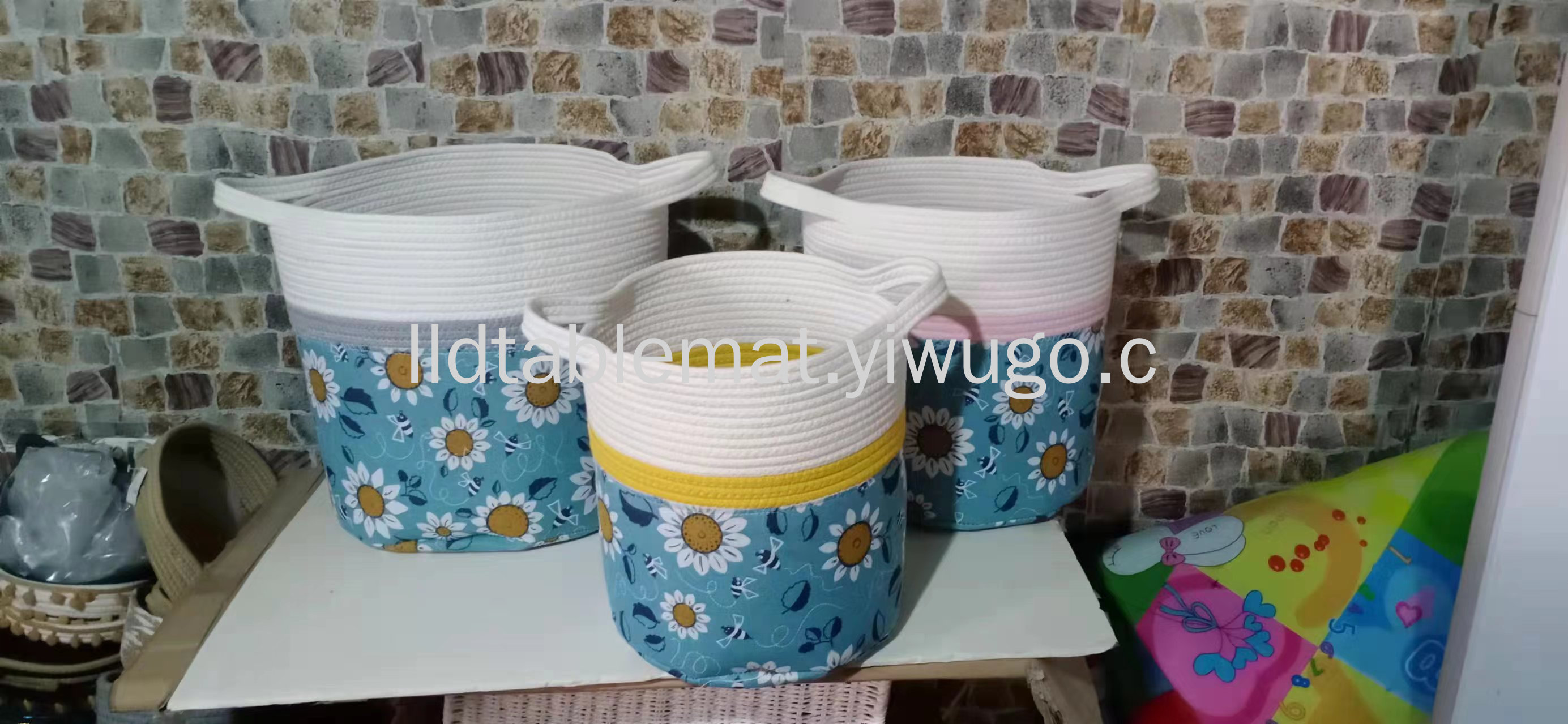 Pastoral style canvas printed dirty clothes basket, woven rope dirty clothes basket, spliced cotton and linen storage bucket, portable laundry basket pic 1