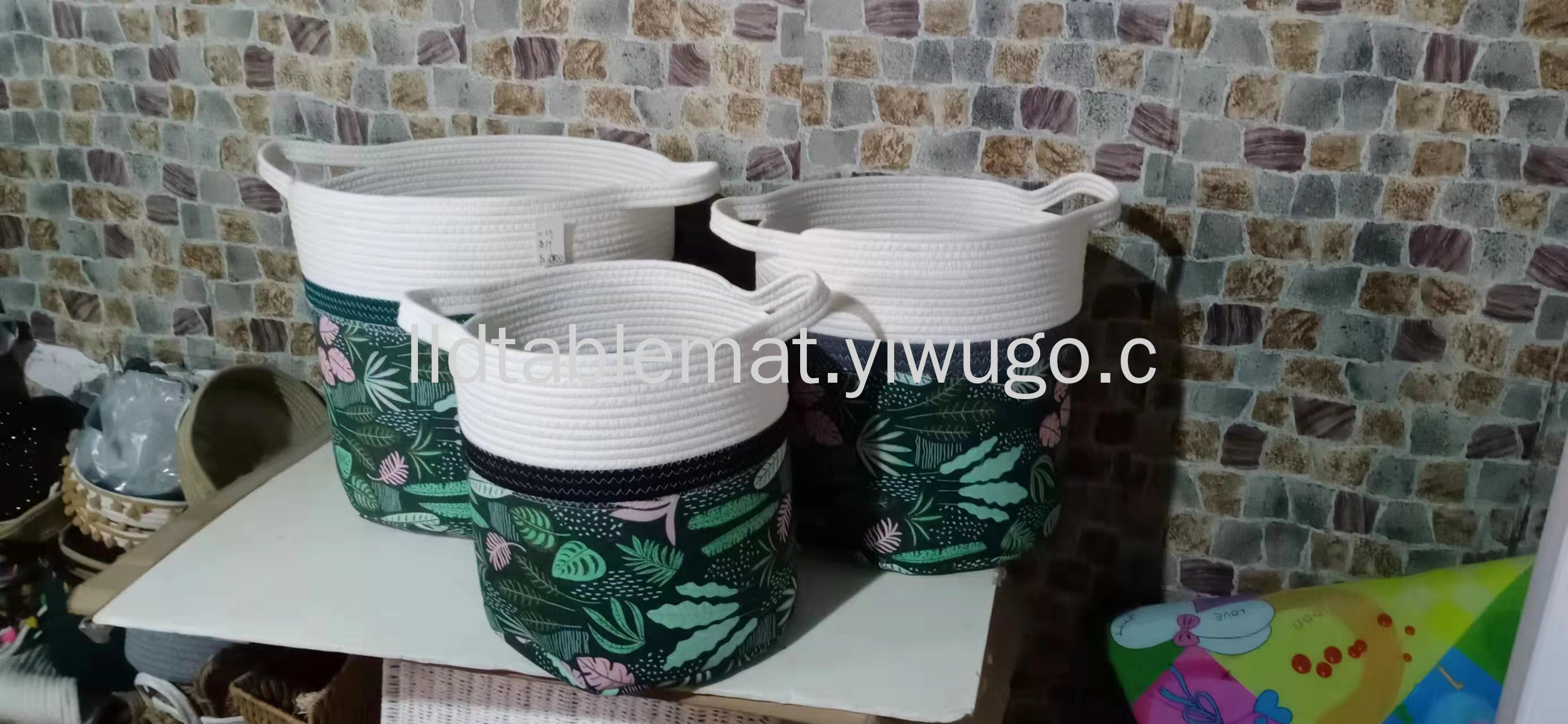 Pastoral style canvas printed dirty clothes basket, woven rope dirty clothes basket, spliced cotton and linen storage bucket, portable laundry basket pic 3