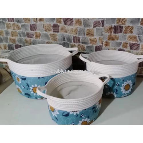 Pastoral style canvas printed dirty clothes basket, woven rope dirty clothes basket, spliced cotton and linen storage bucket, portable laundry basket Item Picture