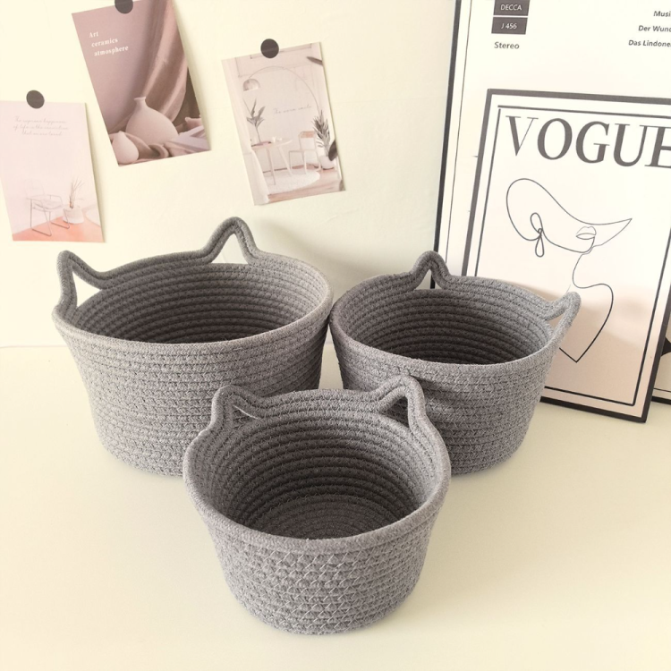 Cat ears desktop storage basket, hand-woven cartoon storage basket, living room key, cotton rope storage basket, storage basket Specification image