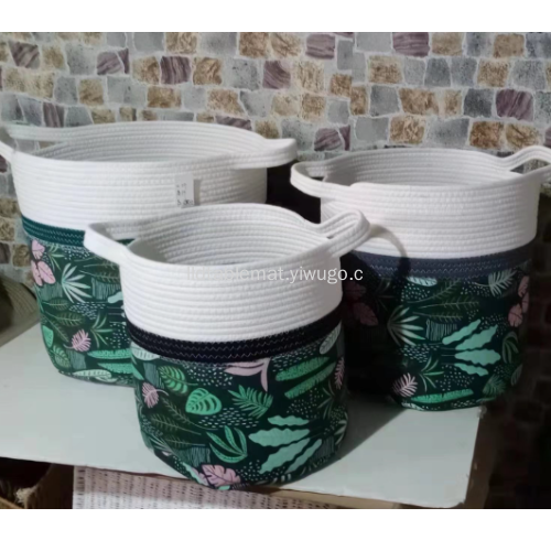 Pastoral style canvas printed dirty clothes basket, woven rope dirty clothes basket, spliced cotton and linen storage bucket, portable laundry basket details Picture