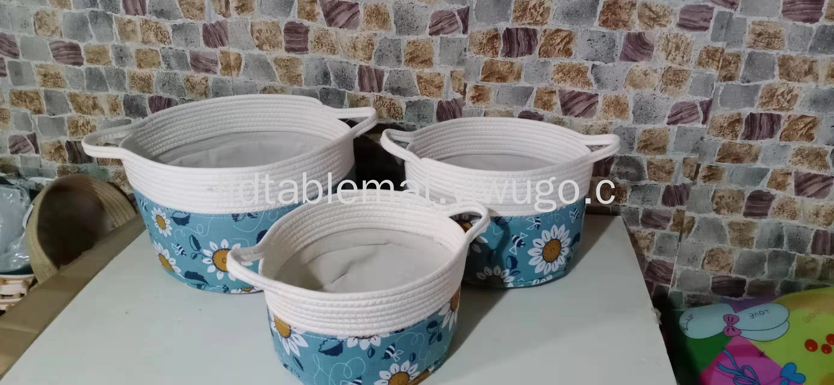 Pastoral style canvas printed dirty clothes basket, woven rope dirty clothes basket, spliced cotton and linen storage bucket, portable laundry basket pic 6