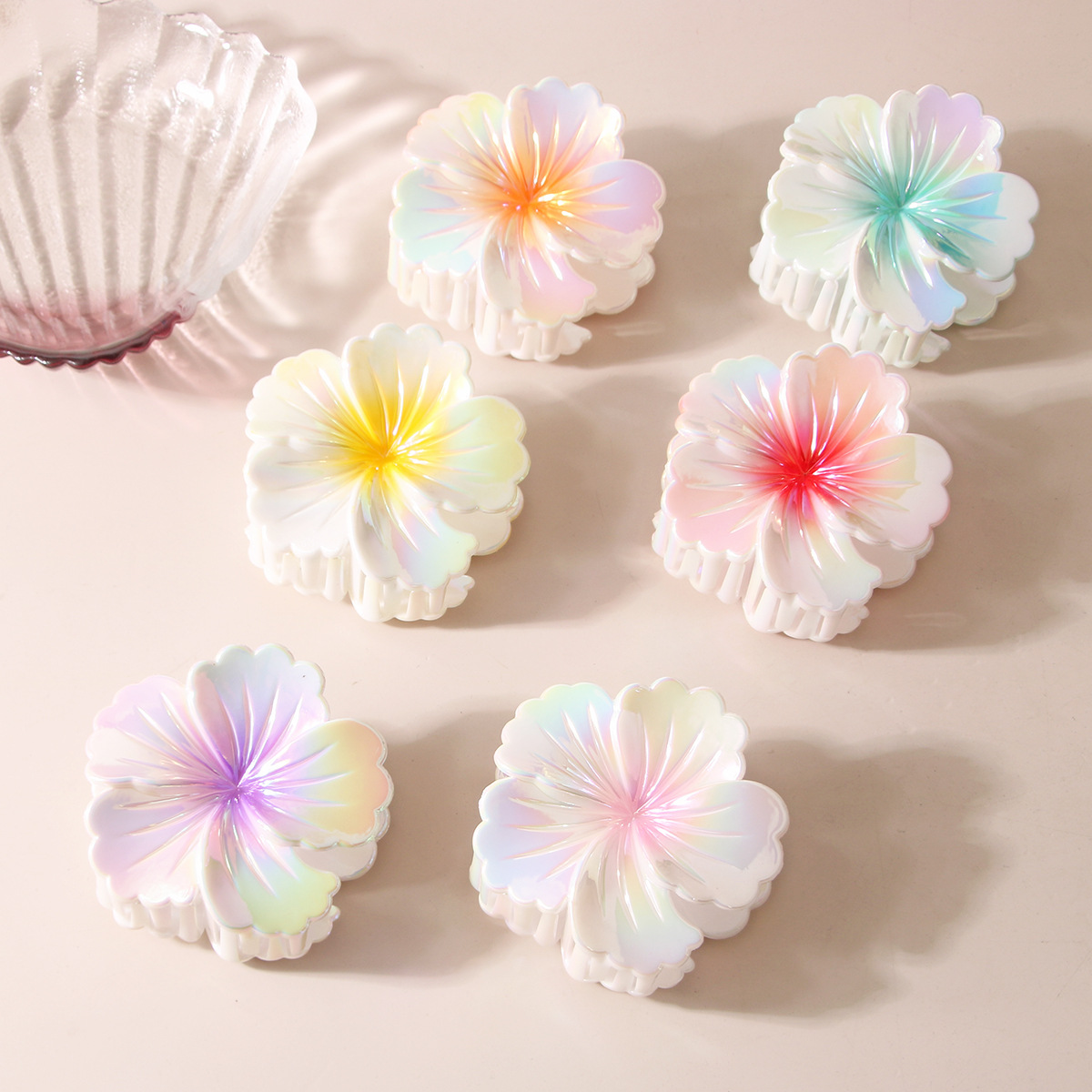 跨境新款AB彩卷心花抓夹发夹海边度假风大号鲨鱼夹发抓女夹子头饰