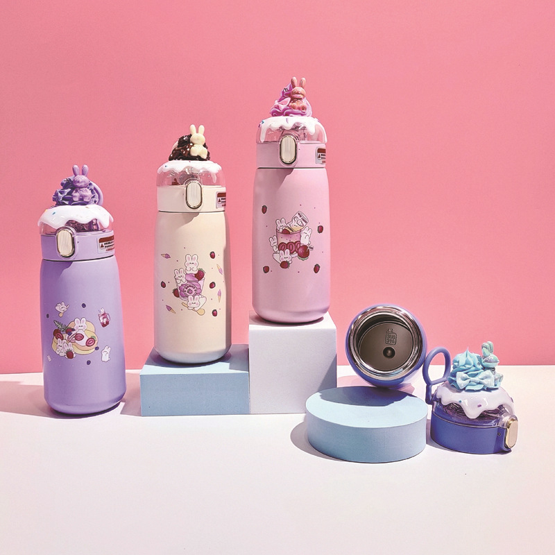 厂家直销跨境316不锈钢保温杯 吸管提手盖卡通图案兔子草莓大肚杯详情9