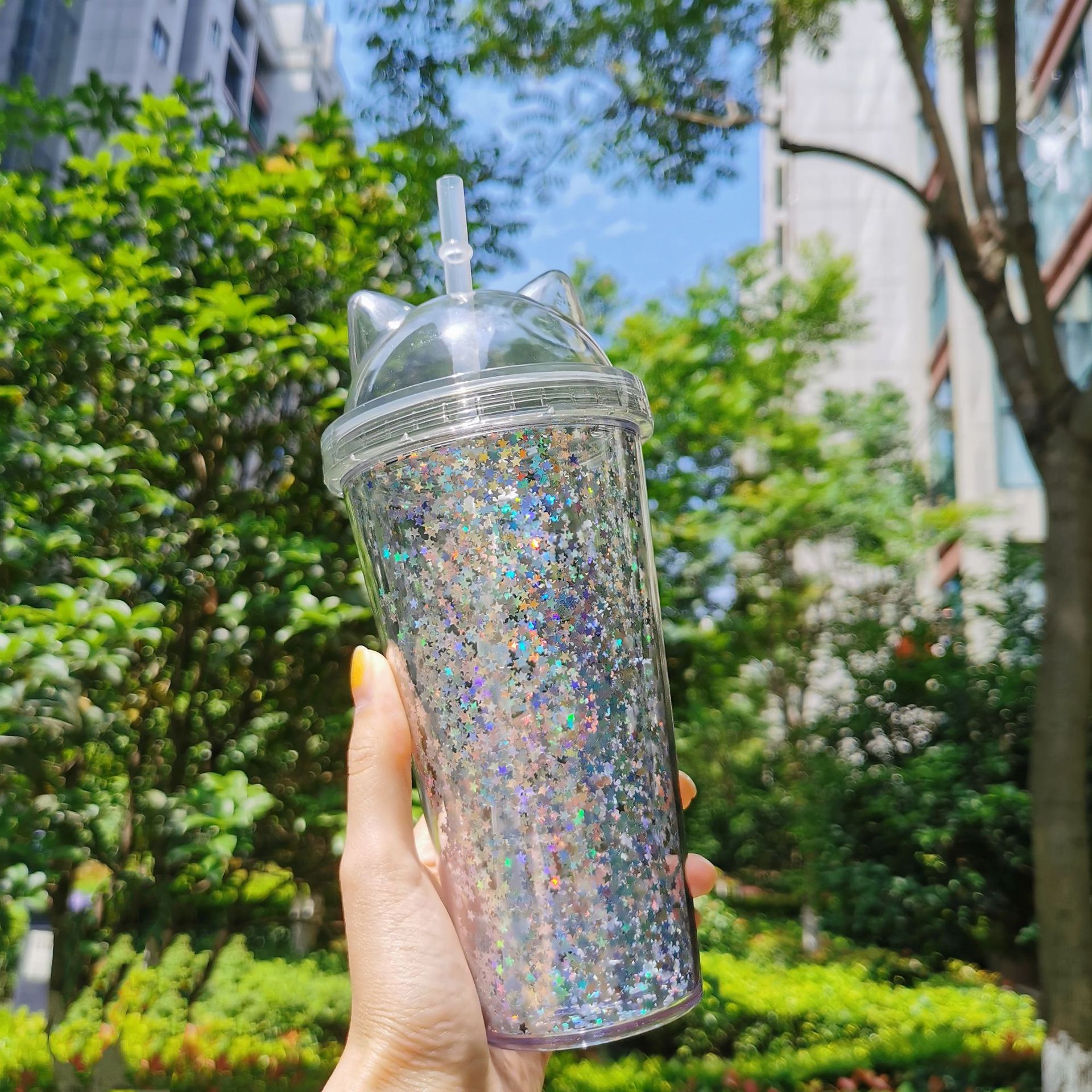 厂家直销新款创意水杯INS吸管杯礼品杯子 猫耳闪片双层杯一件代发