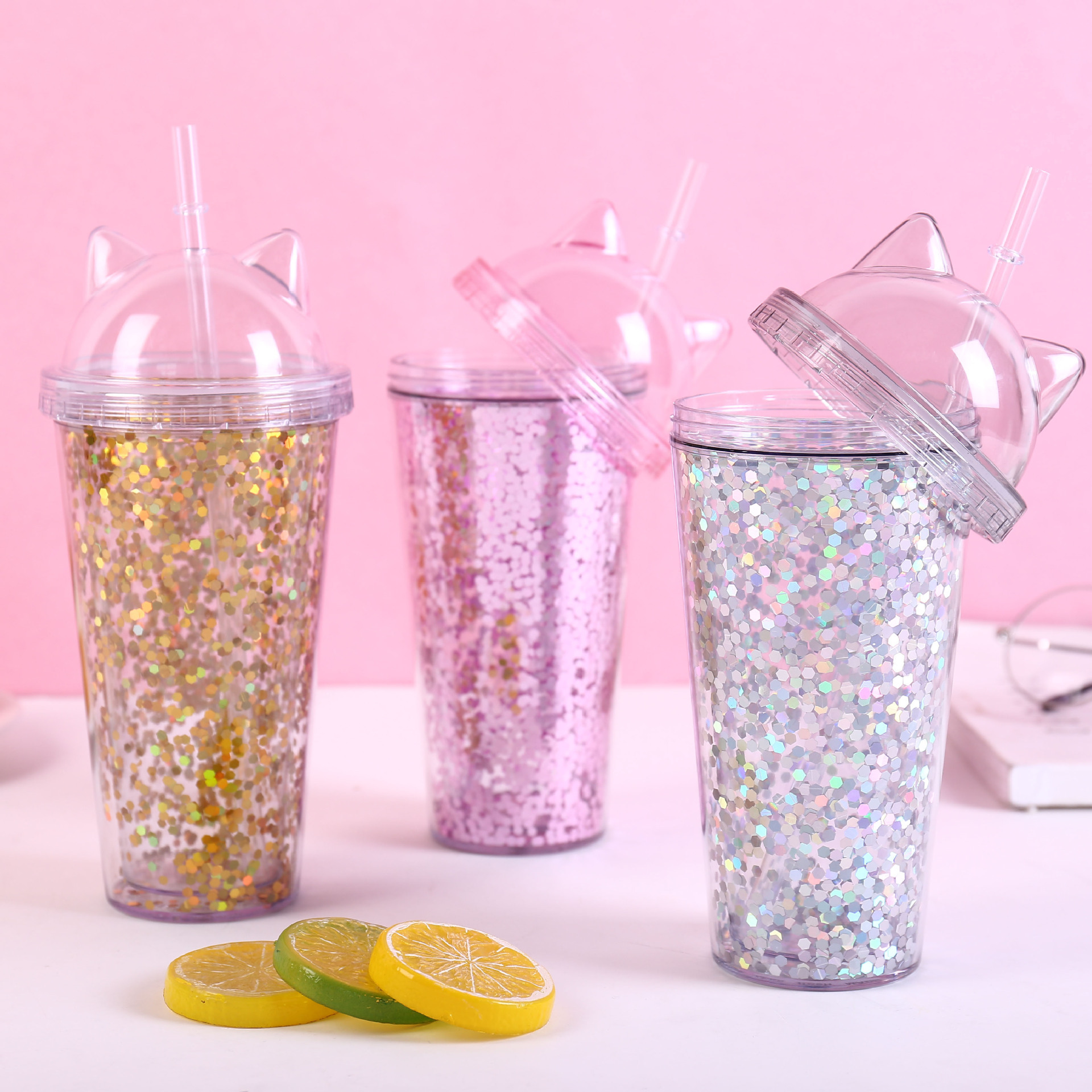 创意款猫耳朵亮片闪片杯随手杯双层吸管杯厂家批发水杯