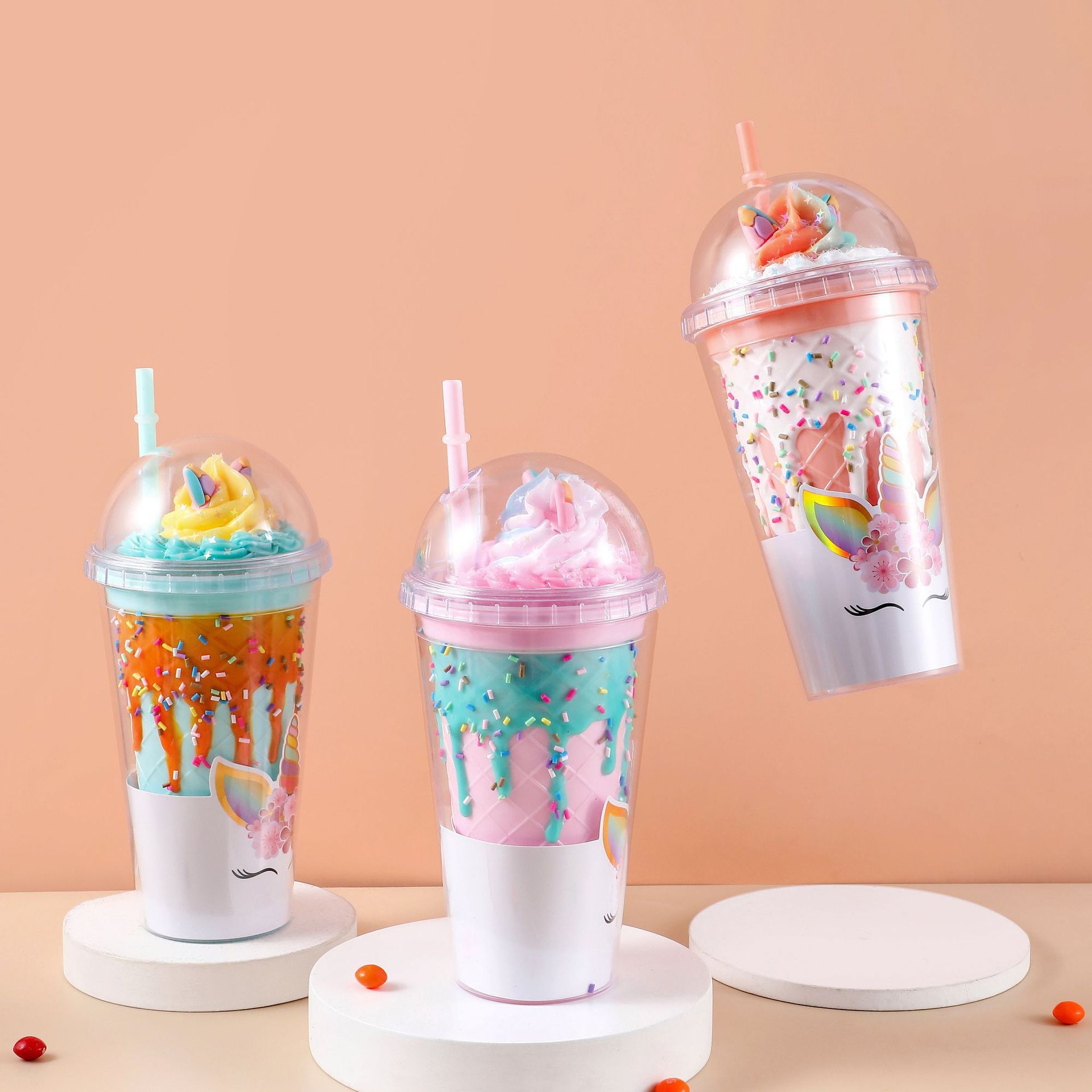 厂家批发奶油独角兽拉丝吸管杯马卡龙碎冰杯塑料杯跨境电商杯子