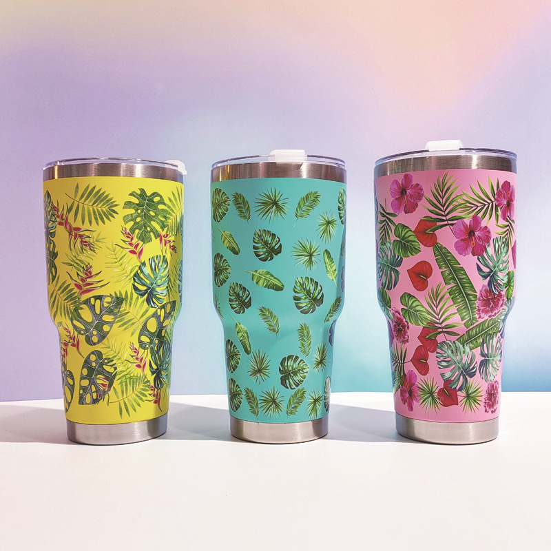 厂家直销跨境304不锈钢保温杯 30OZ双层真空卡通花朵绿叶车载水杯