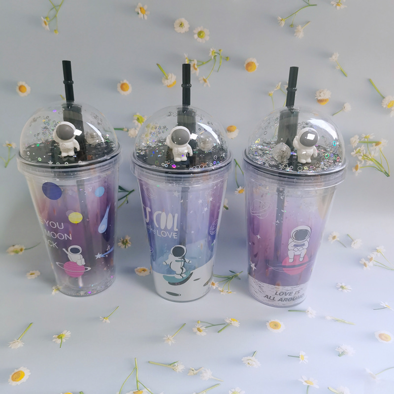 太空飞行双层吸管杯塑料水杯夏季创意随手杯STOCK带灯