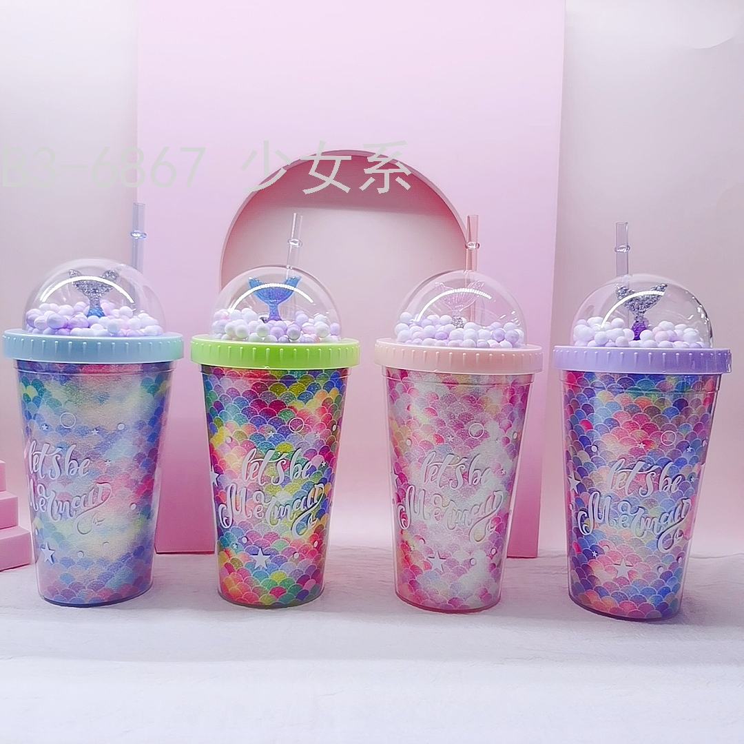 水杯杯子厂家原创设计色彩斑斓鱼尾泡泡球吸管杯双层杯现货STOCK