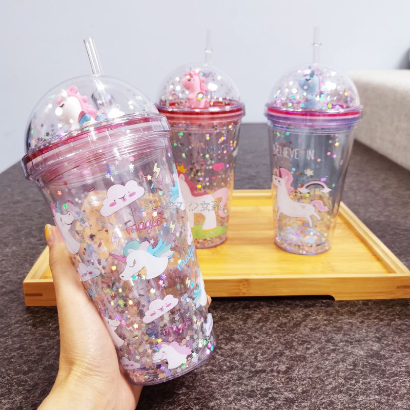 厂家批发独角兽卡通夏日双层吸管塑料杯创意网红女水杯恐龙