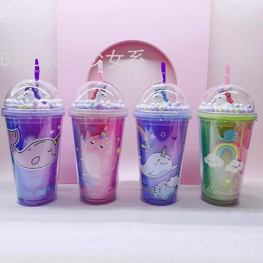 水杯杯子原创设计独角兽泡泡球吸管杯双层杯厂家直销现货STOCK