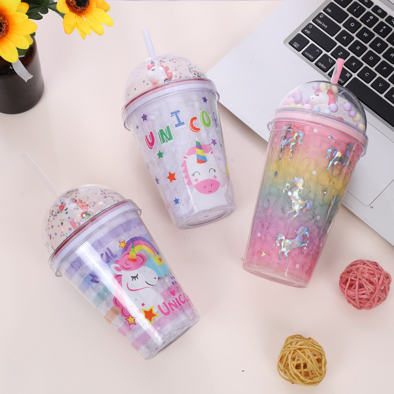 INS创意款双层塑料杯 独角兽冰杯礼品水杯现货STOCK