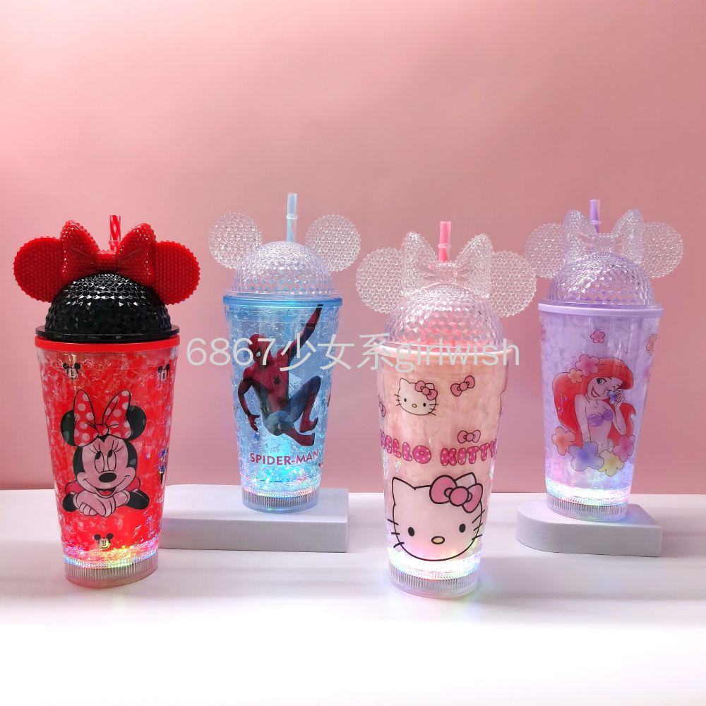 跨境新款夏日米奇米妮钻石盖碎冰杯饮料杯创意杯吸管杯现货STOCK