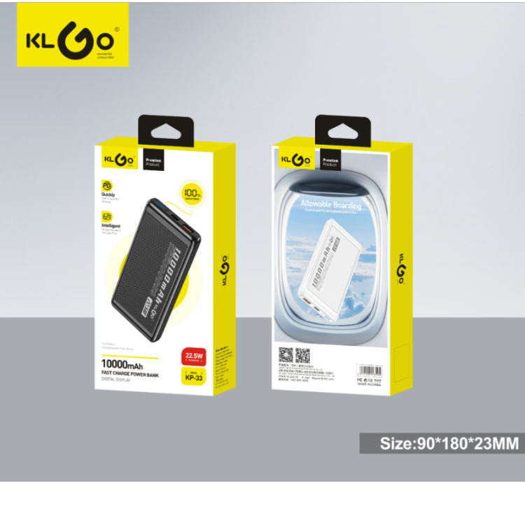 The Cool KLGO KP-33 10000mah PD22.5W black and white mobile power bank can be used on planes