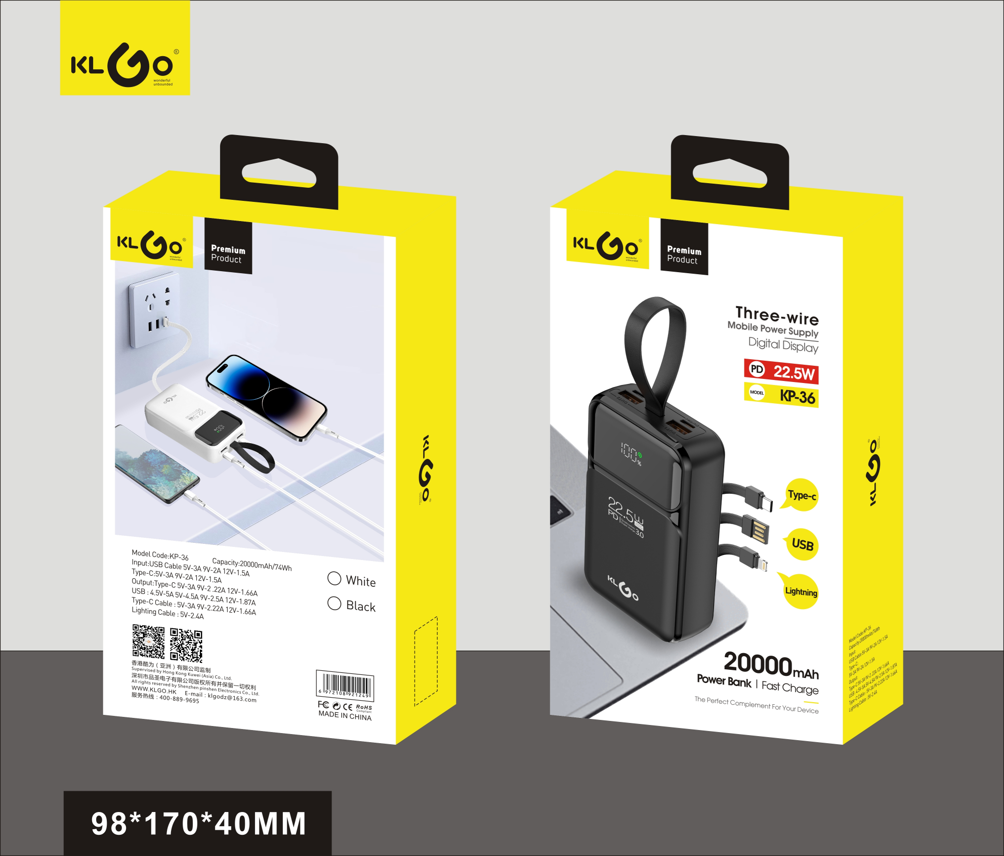 Coolwei KLGO KP-36 20000mah PD22.5W power bank with built-in three-head data cable pic 2