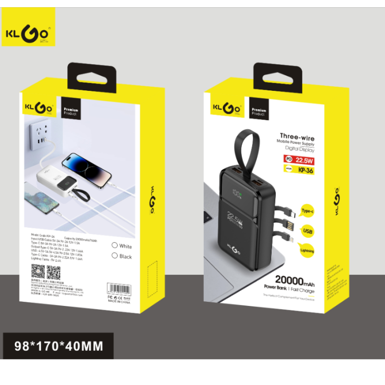 Coolwei KLGO KP-36 20000mah PD22.5W power bank with built-in three-head data cable Application Scenario