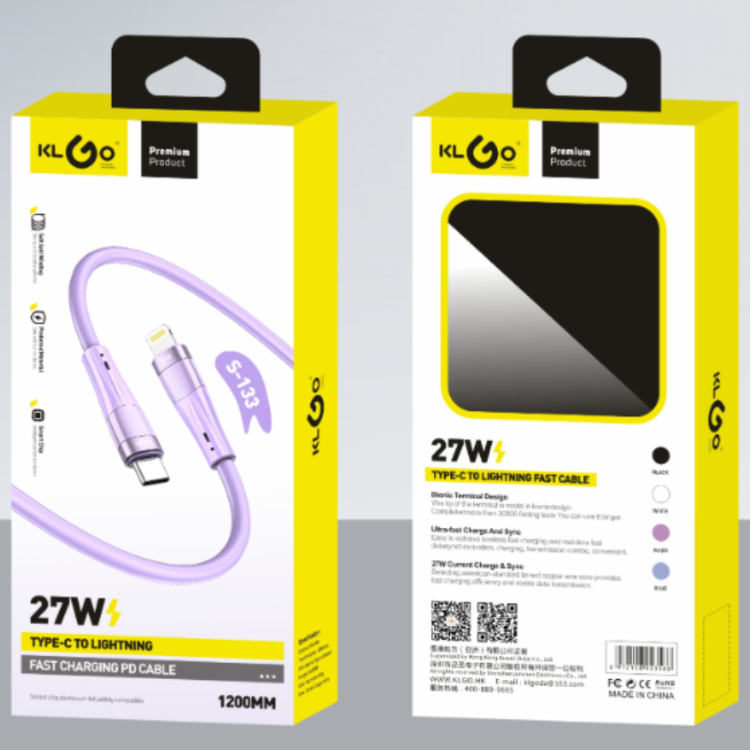 酷为KLGO PD/27W IOS TO TYPE-C 27W黑白色快充数据线