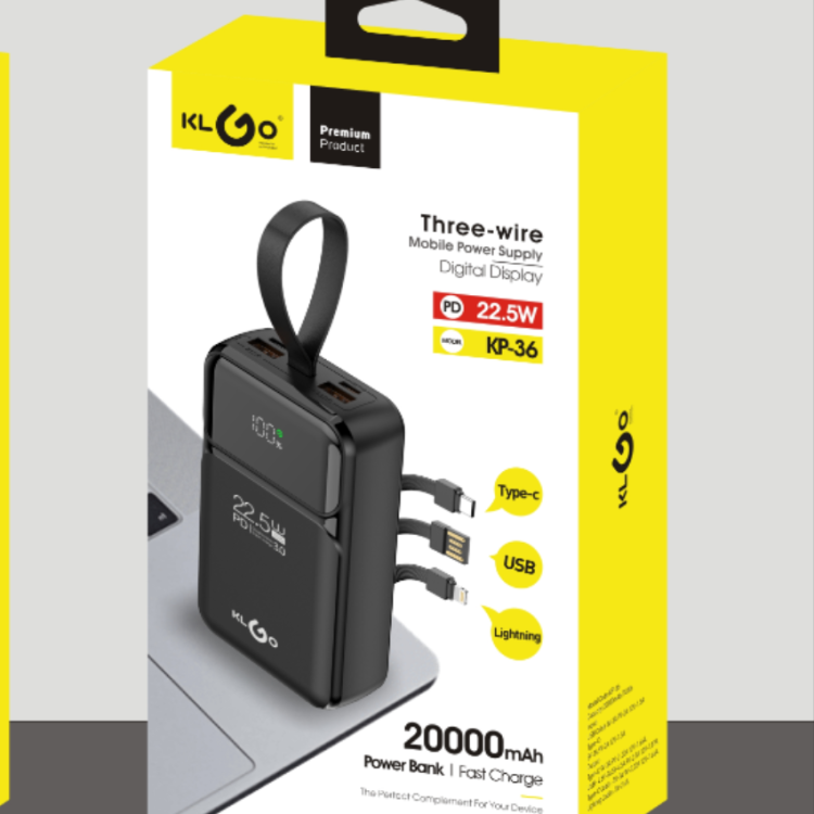 Coolwei KLGO KP-36 20000mah PD22.5W power bank with built-in three-head data cable Specification image