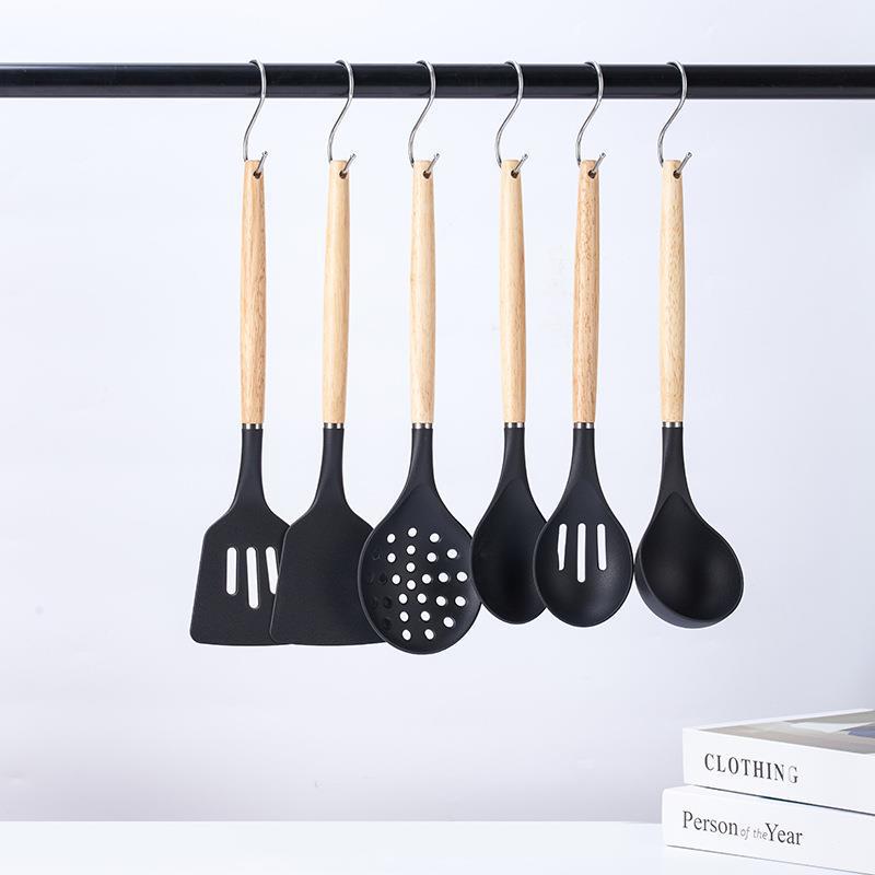 工厂批发直销 厨房不粘锅炒菜锅铲汤勺漏勺榉木手柄尼龙厨具6件套