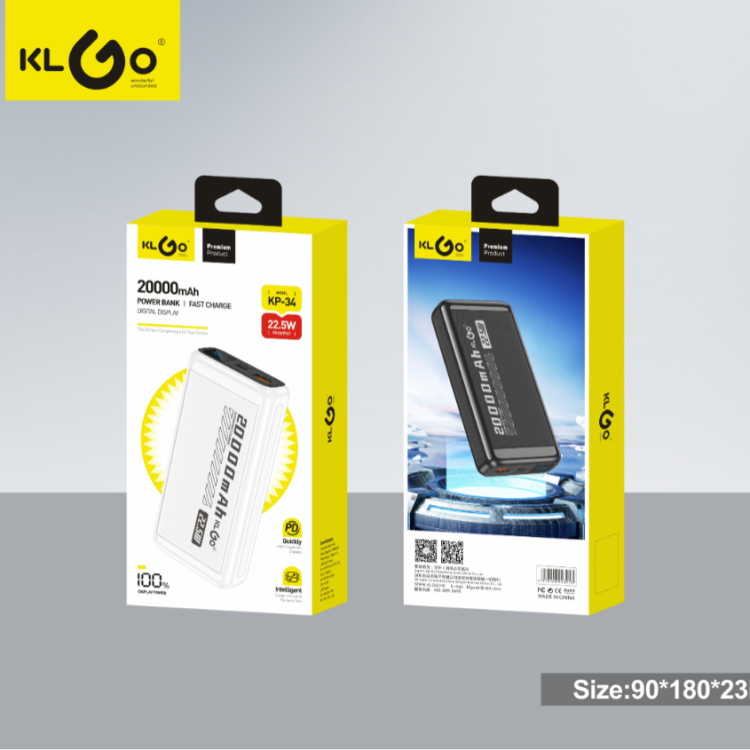 酷为KLGO KP-34 20000mah PD22.5W 黑白色移动电源充电宝可上飞机