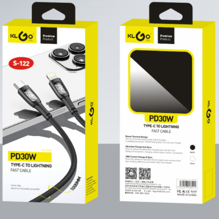 Cool for KLGO S-122 PD/30W IOS TO TYPE-C black and white optional fast charging data cable