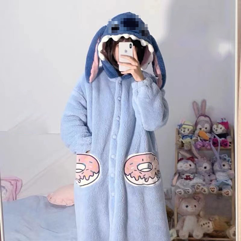 冬季新款史迪仔可爱卡通睡衣舒棉绒长款可爱睡袍家居服女加绒加厚